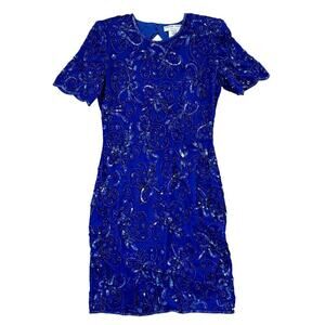 VTG ADRIANNA PAPELL DRESS 14 SILK BEADED BLUE FLORAL SEQUIN COCKTAIL RETRO SZ 6